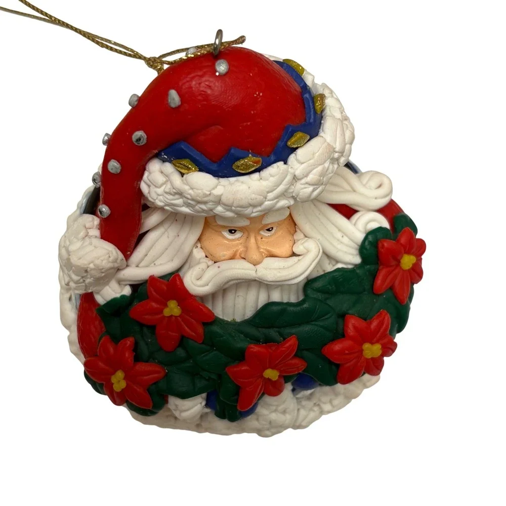 Traditions Vintage Christmas Ornament Santa Claus Poinsettia Polymer Clay Glass